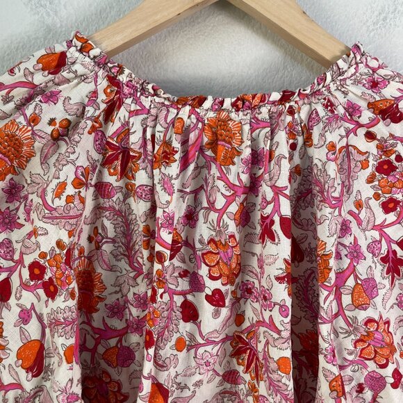 Knox Rose Womens XL Floral Peasant Blouse Pink Orange Cotton Short Sleeve Shirt - Picture 10 of 10